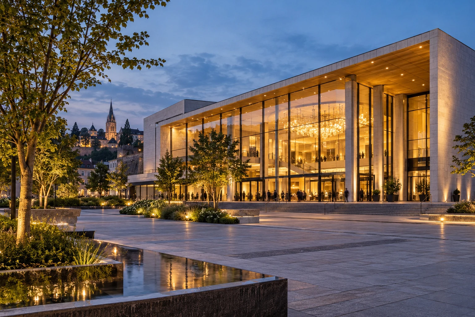 Illustratives Konferenzgebäude im Abendlicht